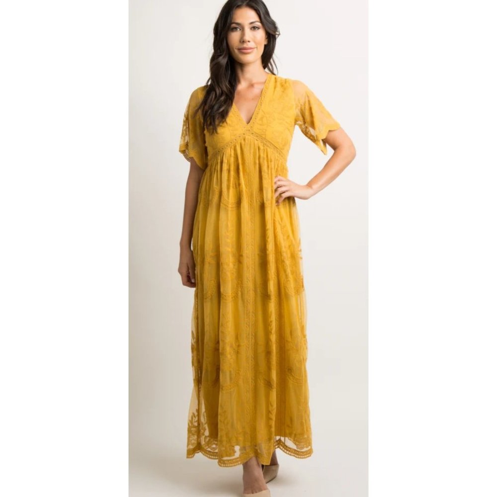 Pinkblush mustard lace overlay maxi dress